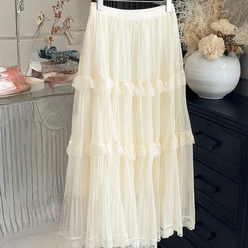 Sweet White Long Skirt Tiered Skirt Women Casual Loose High Waist Elegant Skirt Vintage Lace Patchwork Korean Summer Long Skirts