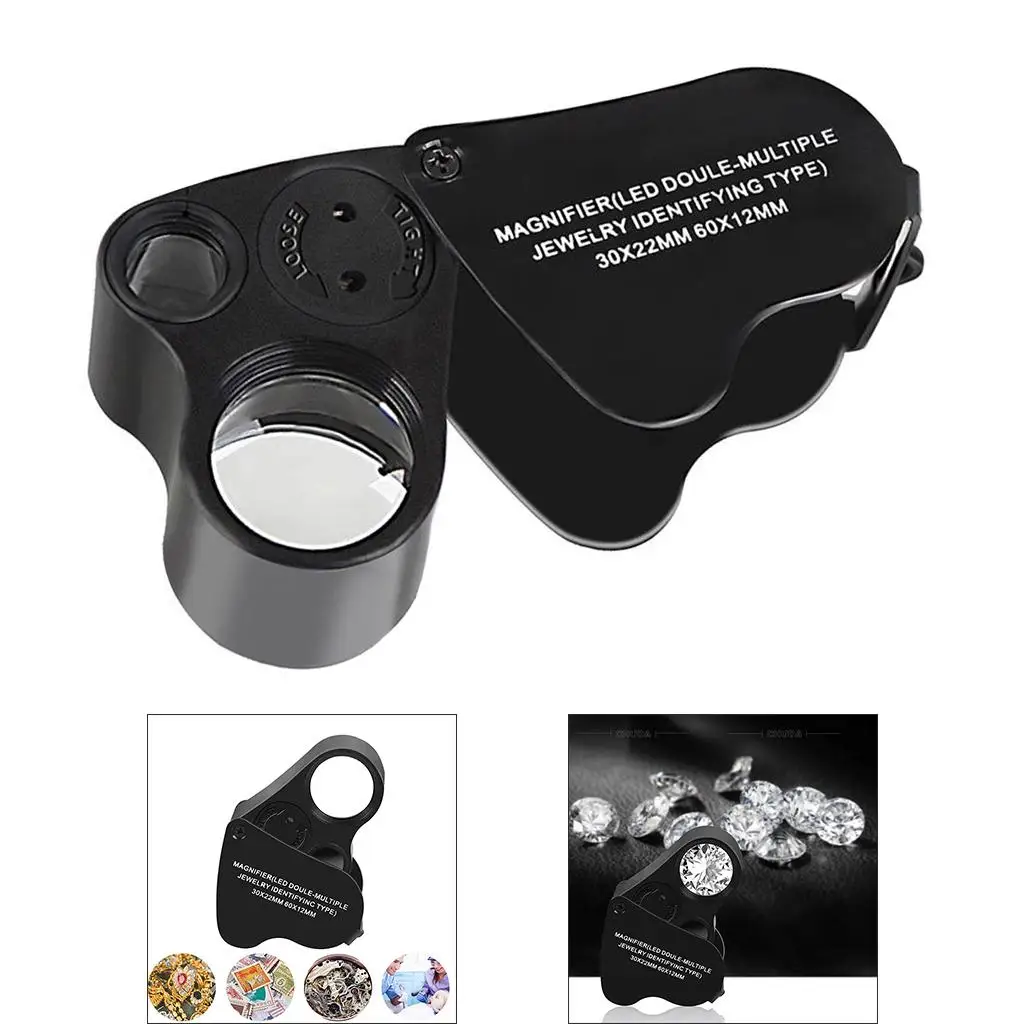 30X 60X Illuminated Jewelers Loupe Foldable with LED Light for Jewelry Gems Watches Coins Stamps Antiques Black