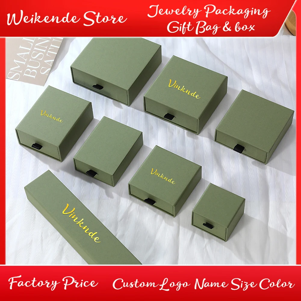 

100Pcs Grass Green Personalized Logo Jewelry Paper Drawer Box 9x9X3.2 cm Rings Necklace Bracelet Pendant Studs Earring Organizer
