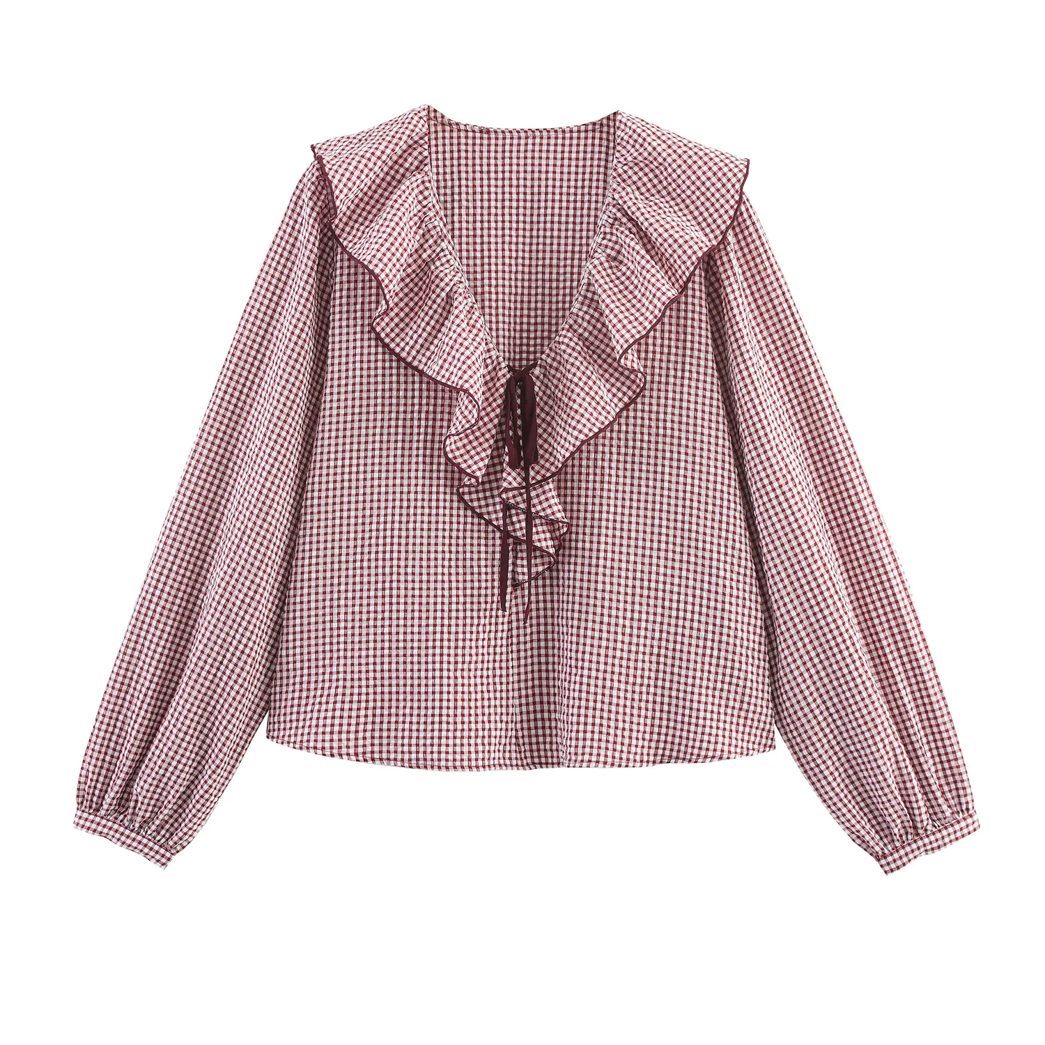 

Topenomi Fashion Plaid Long Sleeve Shirts Women 2025 Autumn Sweet Ruffles V Neck Tied Crop Top Elegant Versatile Blouse Blusas
