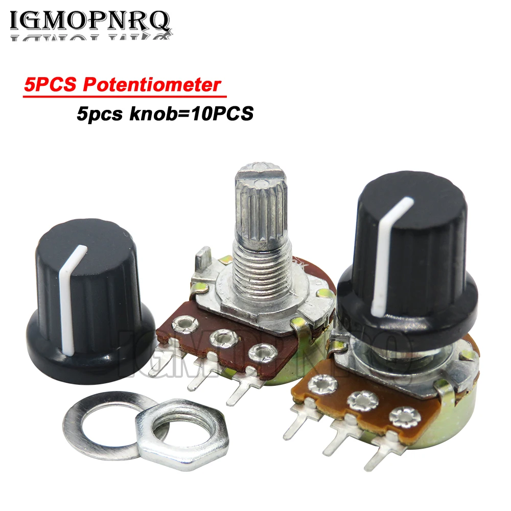 5st WH148 1K 10K 20K 50K 100K 500K Ohm 15mm 3-pinowy liniowy stożkowy rezystor potencjometru obrotowego dla Arduino z białą nasadką AD2