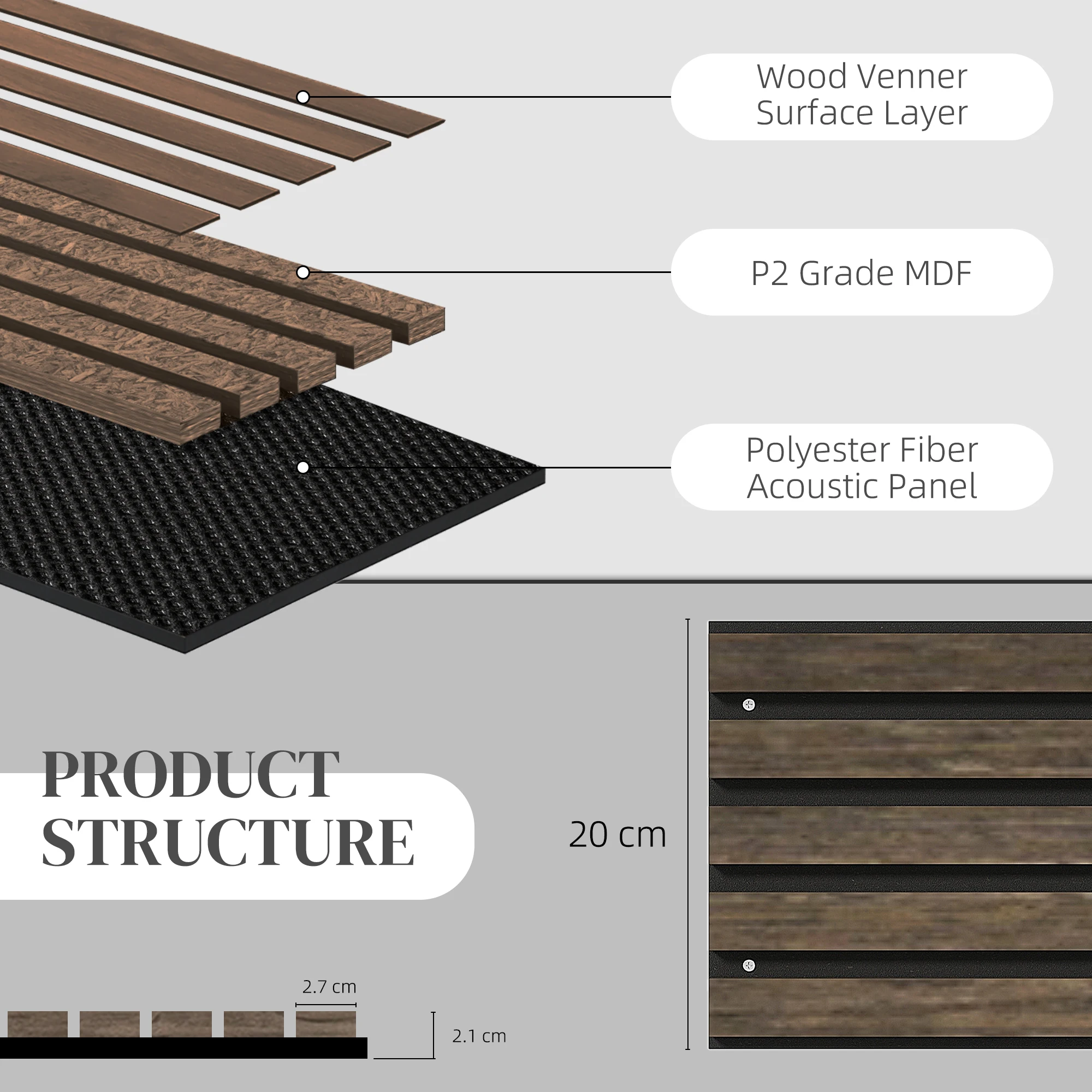 Pacote com 4 Painéis Acústicos 3D, Painéis de Madeira Isolantes de Som de 95" x 8" para Parede, Painéis de Madeira para Teto Interior, Escritório, Home Theater, Estúdio, Nogueira