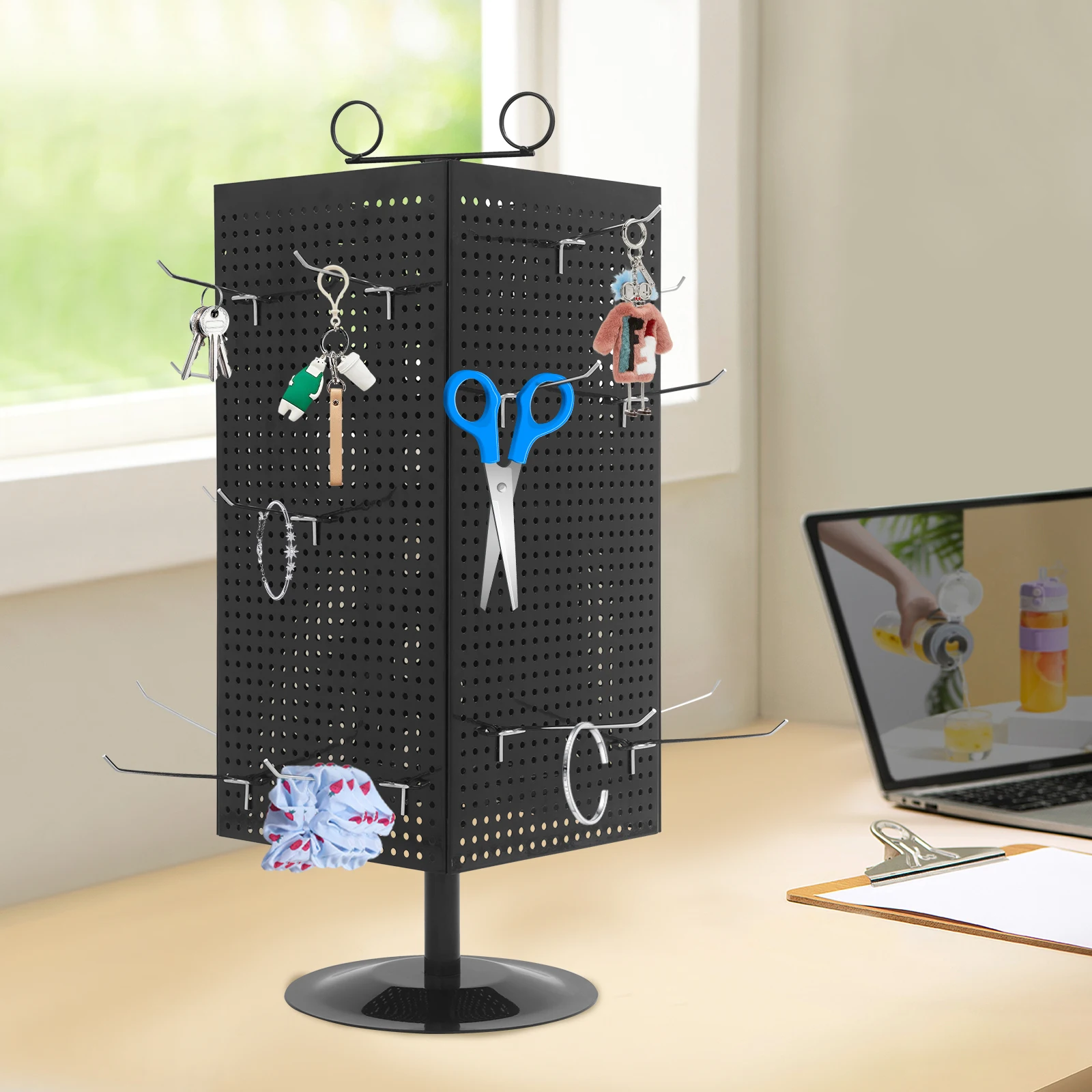 4 Sided Rotating Perforated Display Stand with Hooks Countertop Spinner Rack for Retail Stores Keychains Jewelry Tools Black