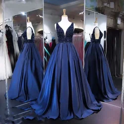 New Navy Blue Beaded Prom party V Neck Real Photo Hollow Sleeveless Floor Length Sexy V Neck Satin Prom Evening Gowns