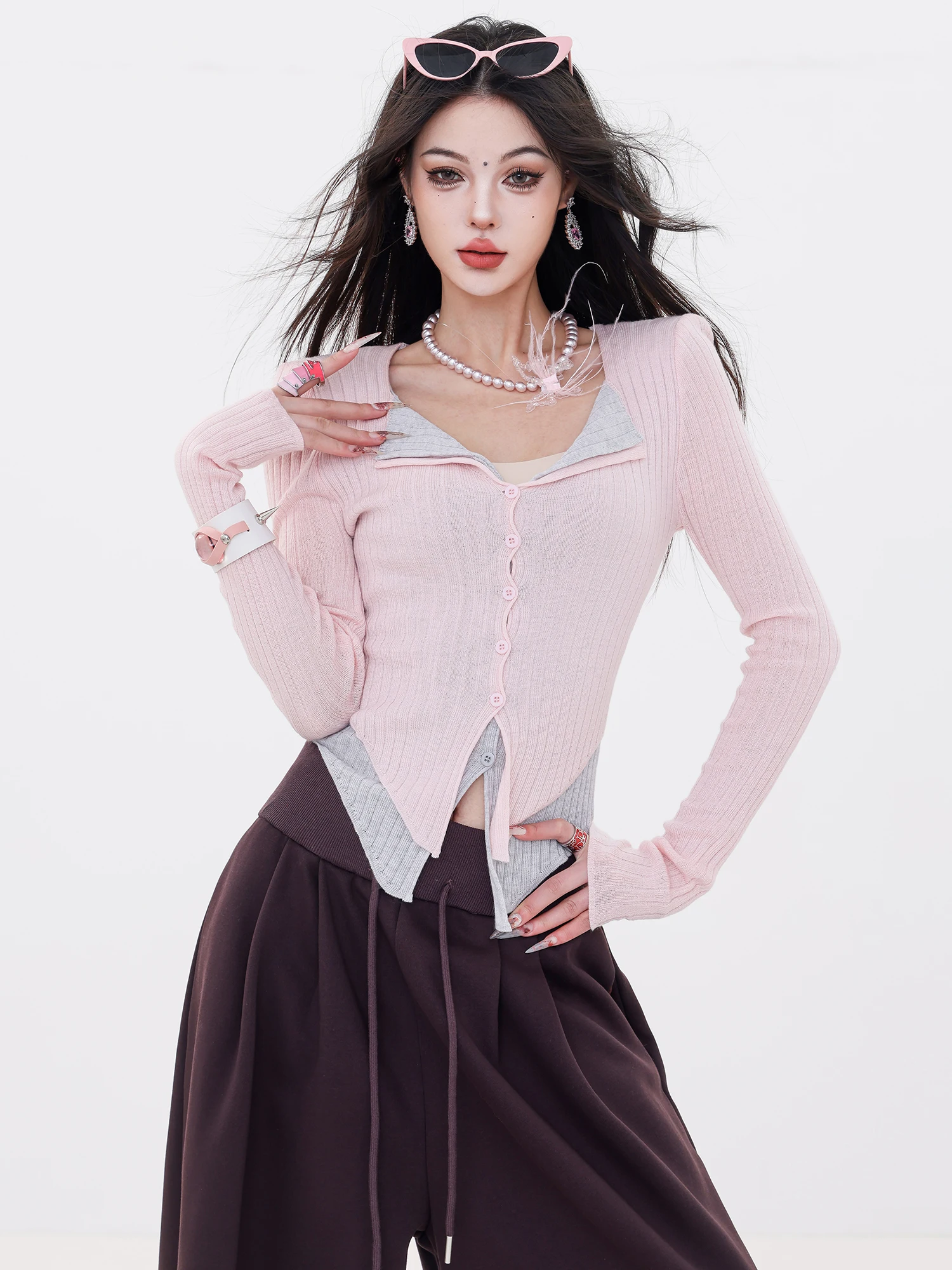 

ABWLR оригинальный цветной вязаный свитер с цветочным воротником, женский облегающий осенне-зимний открытый кардиган, топ, сексуальный длинный све