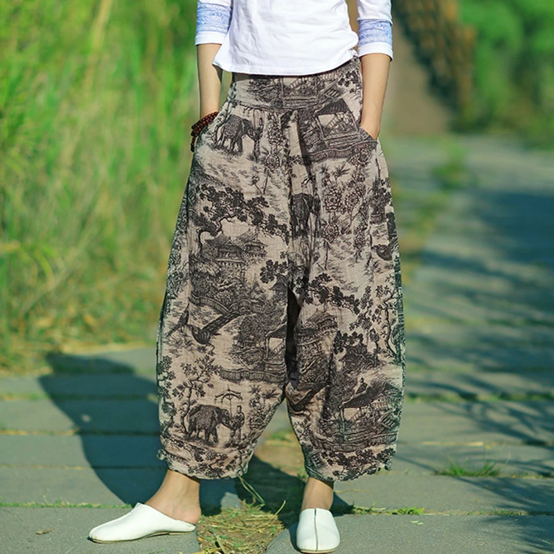 

Women Cotton Linen Harem Pants New Arrival 2025 Summer Vintage Style Floral Print Loose Female Ankle-length Casual Pants T443