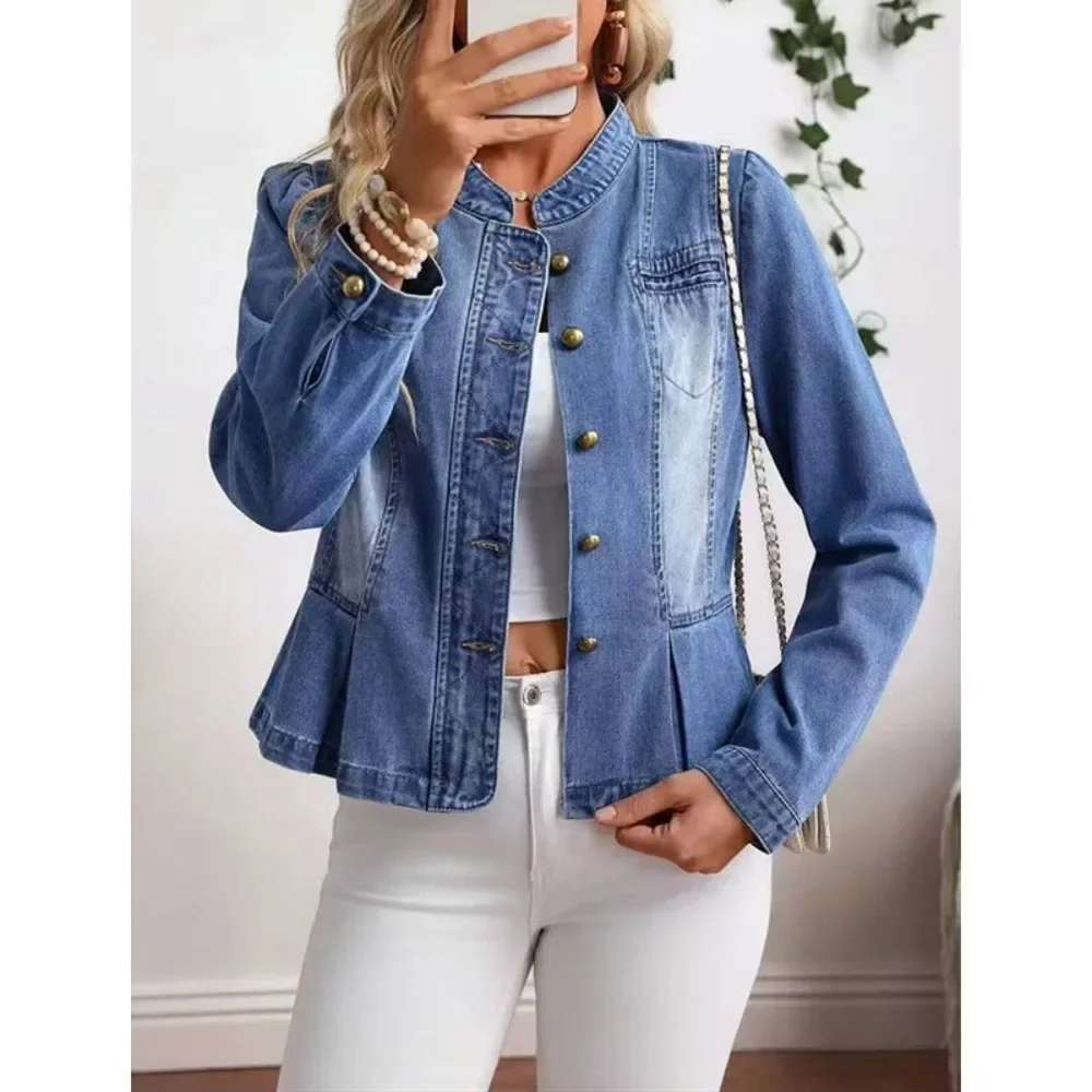 Women Stand Collar Waist Cinched Denim Jacket Metal Single Breasted Short Slim Fit Long Sleeve Minimalist Chic Ladies Outerwear
