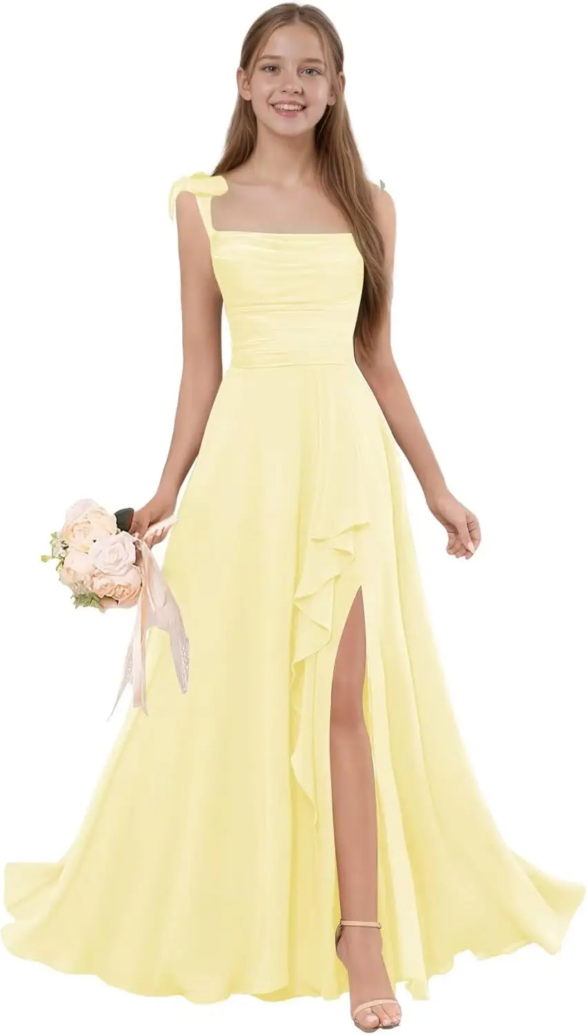 Robe de demoiselle d'honneur trapèze pour filles, bretelles Spaghetti, en mousseline de soie, à volants, robe formelle à fleurs pour mariage