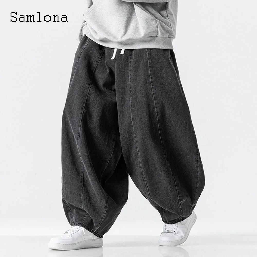 Men's Stand Pocket Casual Street Demin Pants Jeans Bloomers Wide Leg Trousers 2026 European Fashion Style Drawstring Basic Pants