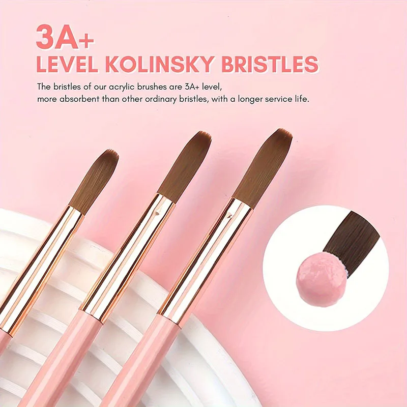 3Pcs Acrylic Nail Brush Set Professional Acrylic Powder Extension Nail Brushes Nail Art 3D Carving Manicure Salon Tools