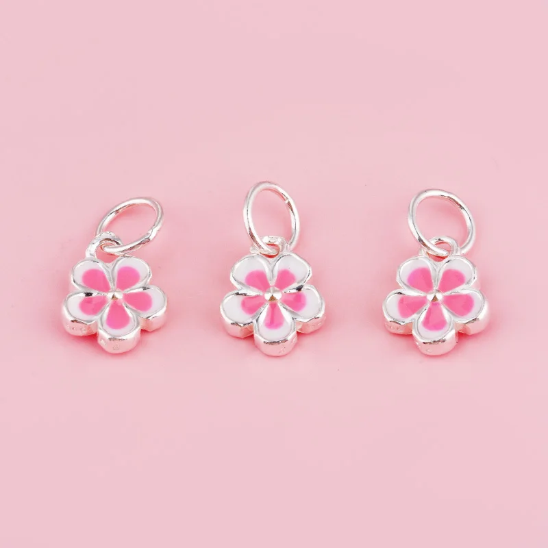 S999 solid pure silver pink resin small flower pendant DIY accessory bracelet