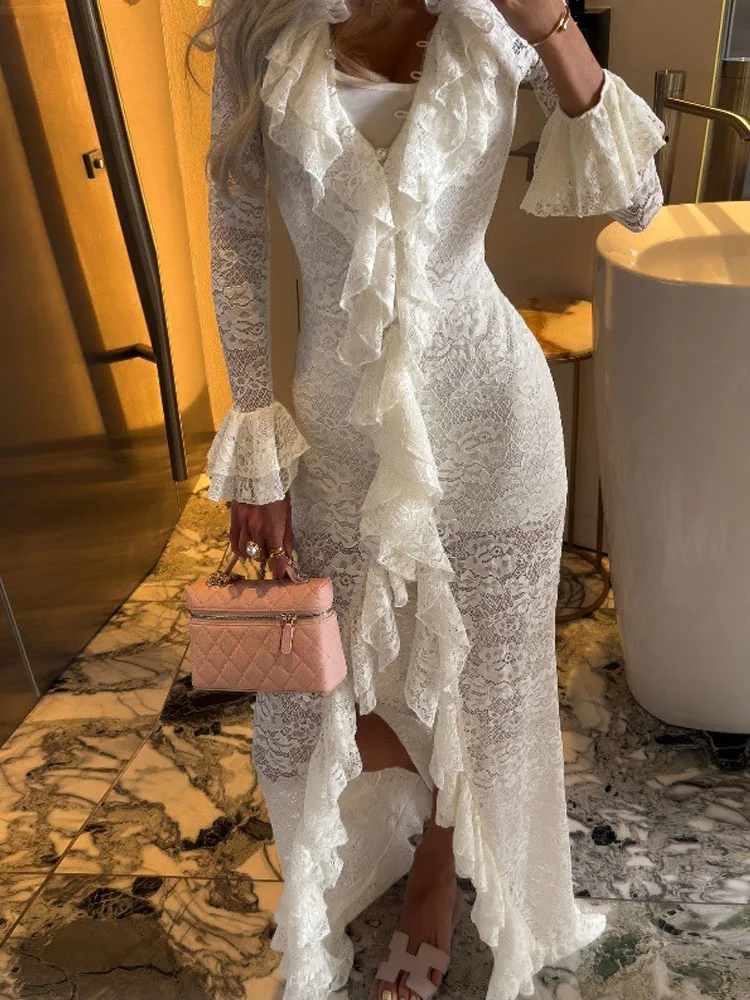 Sexy V-neck Flared Sleeve Bodycon Women Party Dress Casual Street High Waist Long Dress White Ruffled Lace Irregularity Dresses