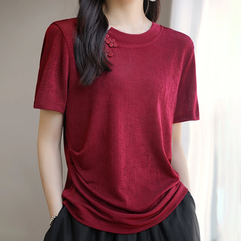 New Chinese Light National Style Ice Silk Short sleeved T-shirt for Women's Spring/Summer Solid Color Large Size Slimming Loose