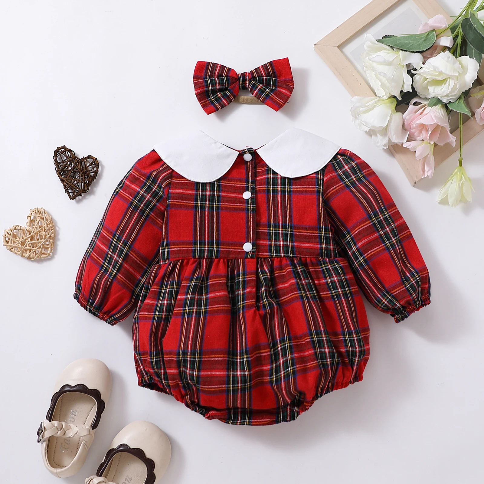 Autumn & Winter Newborn Baby Girl Children Clothes Red Plaid Lapel Long Sleeved Romper Jumpsuit