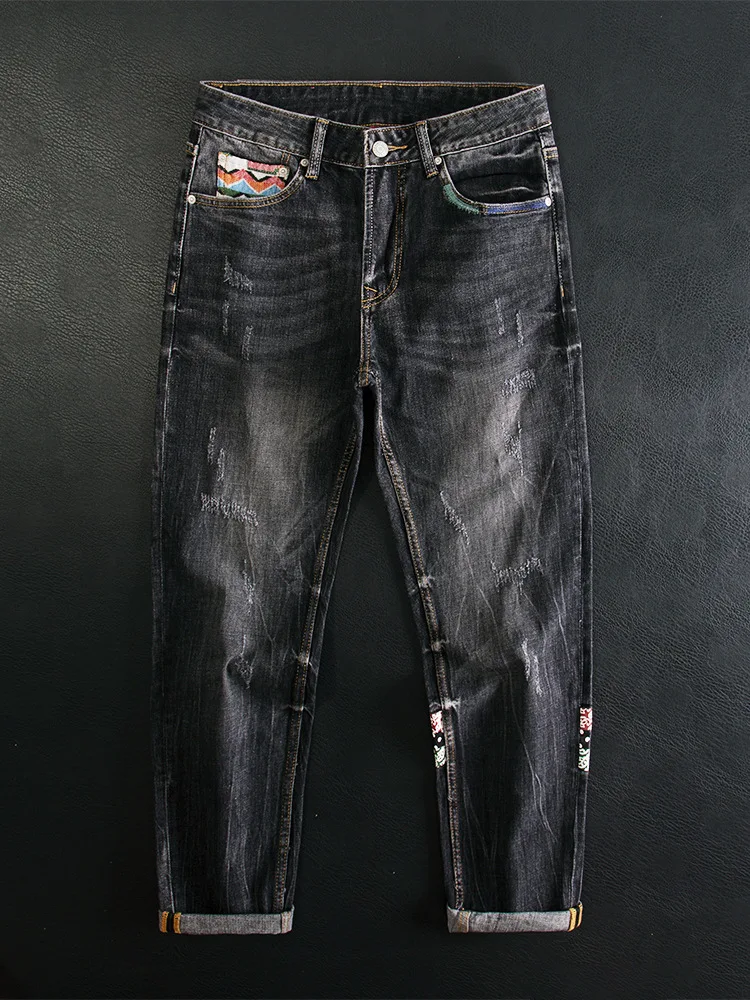 American retro trendy jeans men's black gray embroidered print worn elastic small straight leg pants autumn style