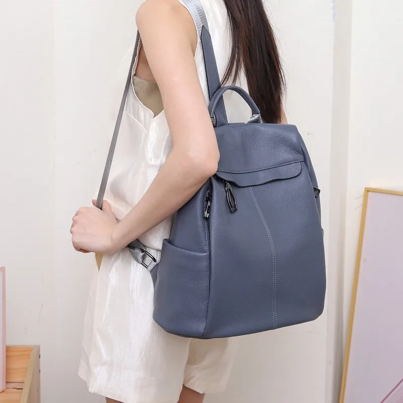 Women Genuine Leather Anti Theft Backpack Dusty Blue With Front Ring Pull And Side Pockets Casual Travel Commuter Daypack