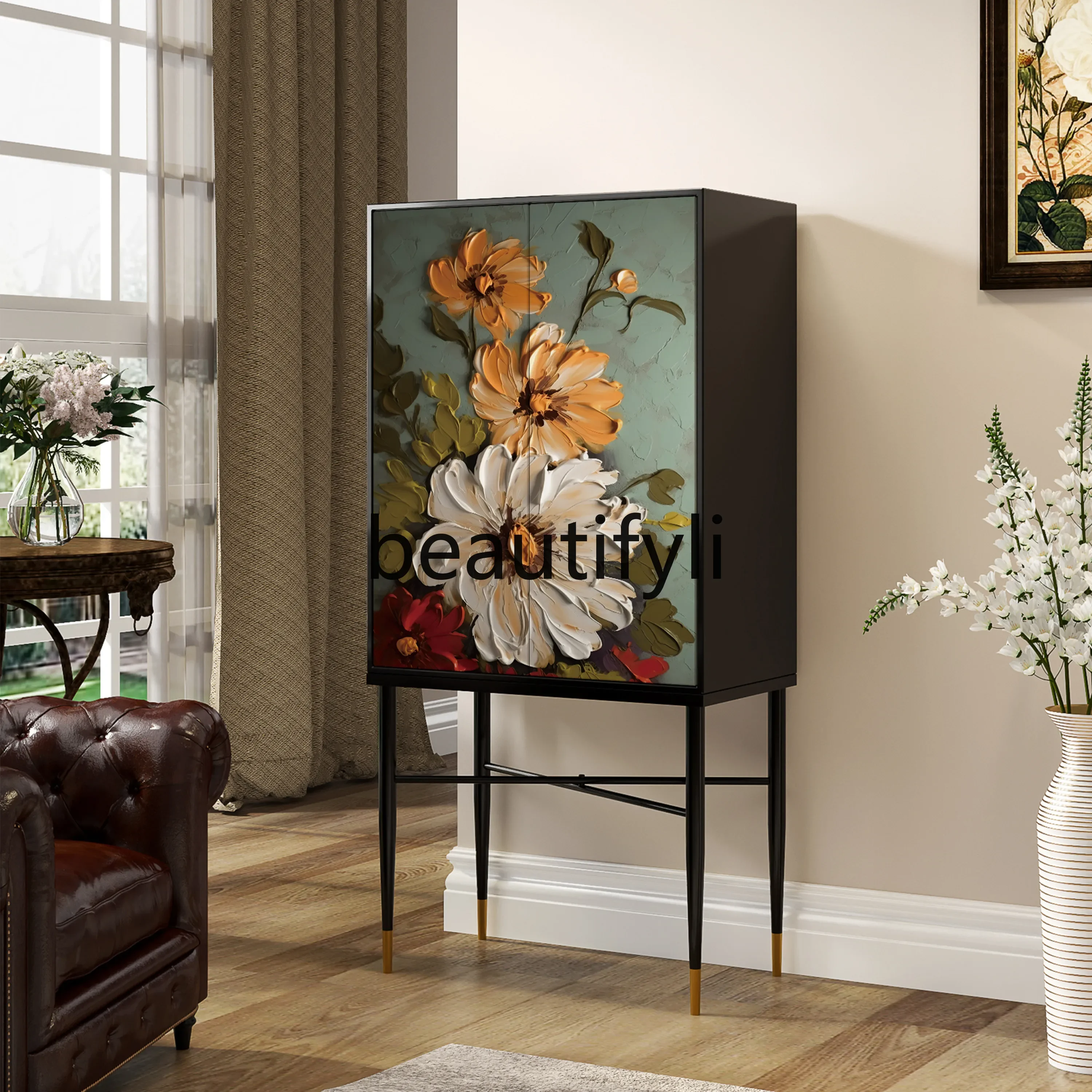 Living room Solid wood side cabinet Restaurant B & B high-footed cabinet Multifunctional side cabinet