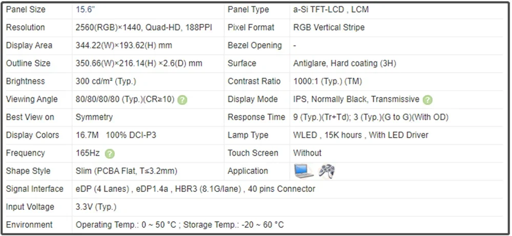 15.6 inch IPS Panel Laptop LCD Screen EDP 40Pins QHD 2560x1440 300 cd/m² (Typ.) 100% DCI-P3 165Hz LP156QHG-SPT1 LP156QHG SPT1