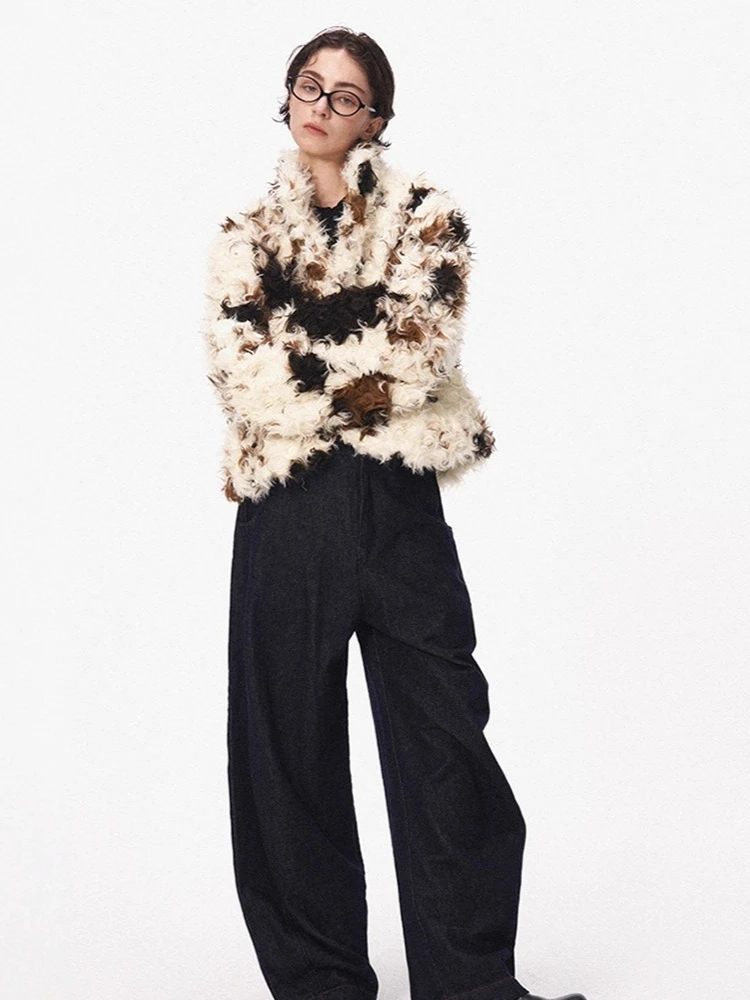 Patchwork revers beige nepbont jas Slanke nepwollen harige jas Pluizig Stijlvolle luxe elegante pluche jas Warme dikke bovenkleding