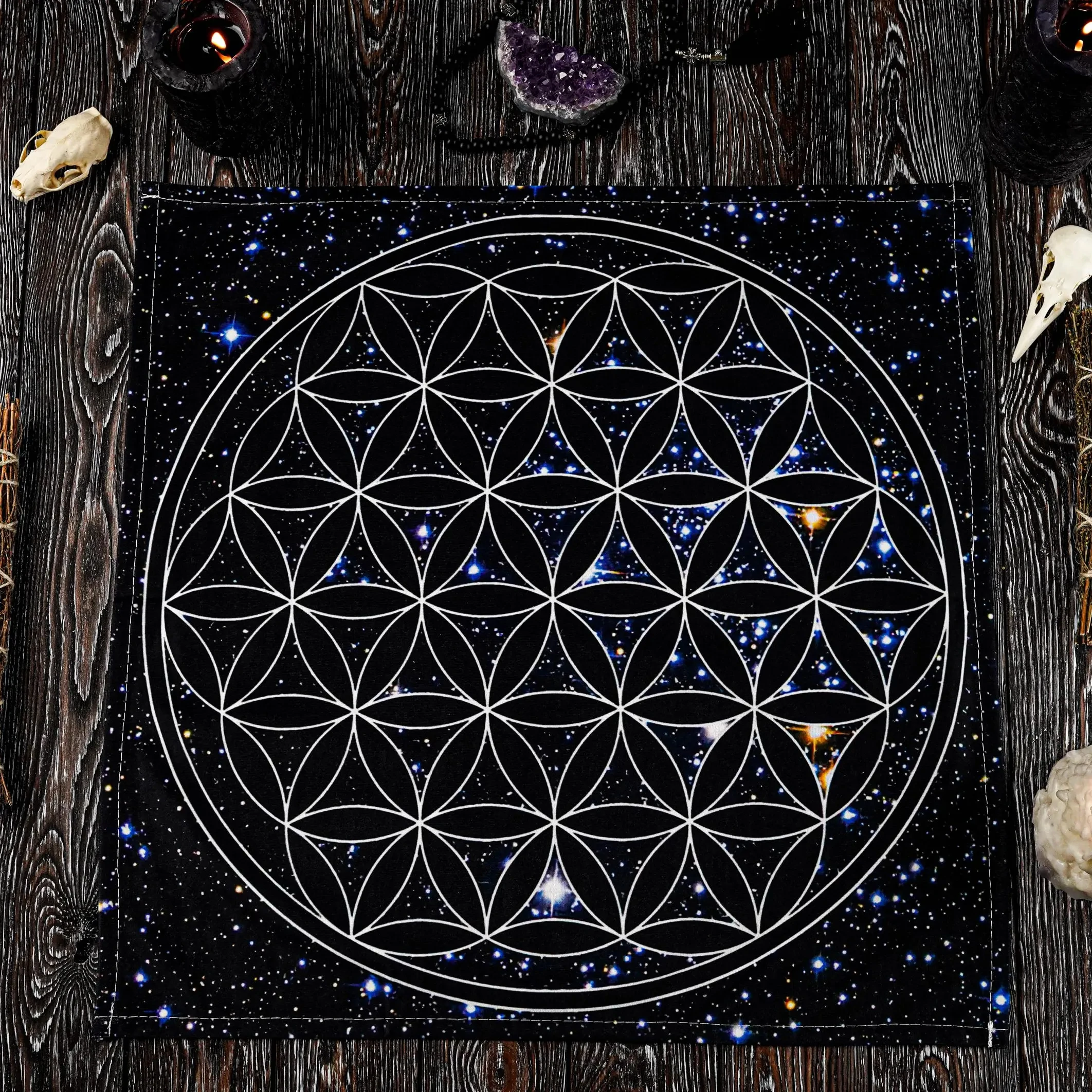 Sacred Geometry Flower of Life Altar tablecloth, Galaxy Star Witchcraft Tarot Mat, Spiritual Pagan Decor