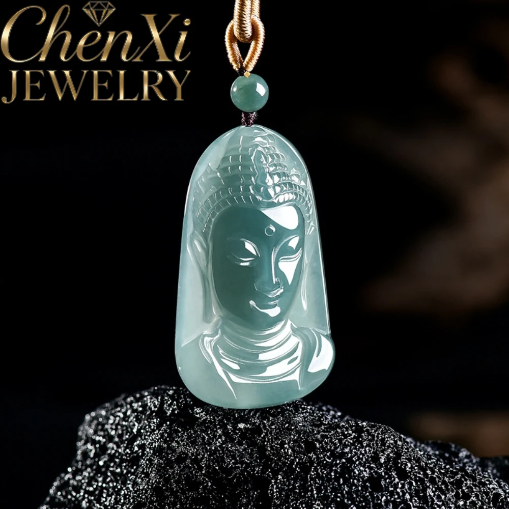 Natural A-Grade Icy Blue Water Jadeite Three-Dimensional Buddha Head Pendant Detailed Serene Neck Accent Heartfelt Blessing Gift