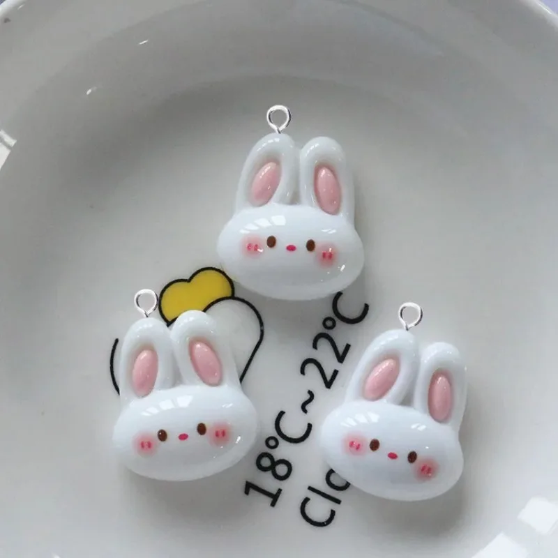 10pcs Heart Flower Decor Glossy White Bunny Head Resin Pendants Lovely Kawaii Animal Charms For Handcraft Earring Jewelry