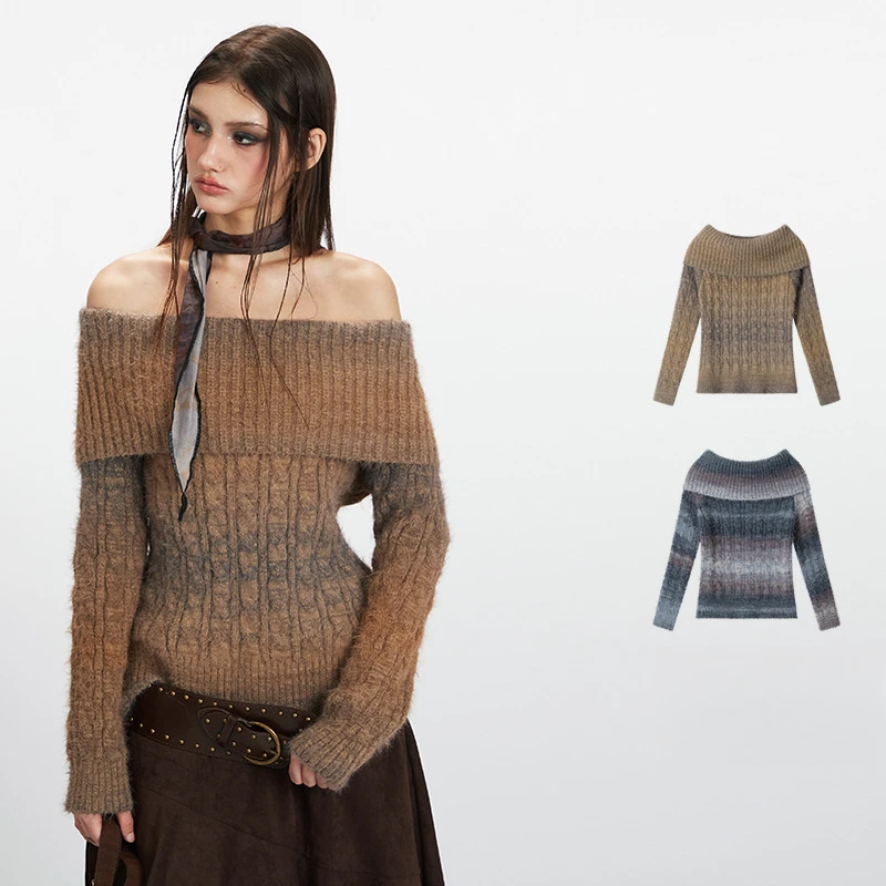 سترة محبوكة بأكمام طويلة مكشوفة الأكتاف على الطراز الأمريكي الجديد للنساء، بلوفر للخريف والشتاء #1