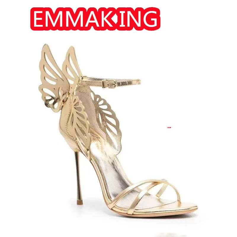 Ankle Strap Cutout Angel Wings Ladies Sandals 2024 New Leather Laser Fashion Runway Women Summer Stilleto High Shoes Size 43