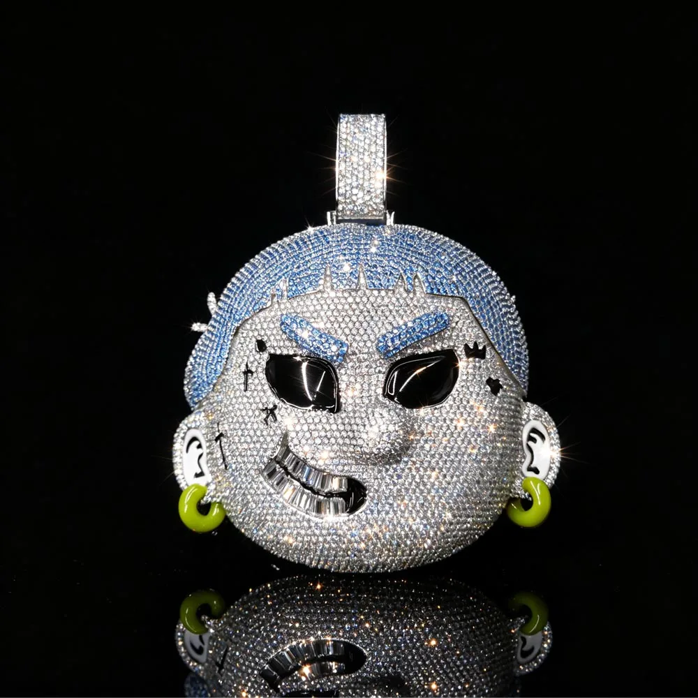 Sparkling Character Pendants Blue Hair Iced Out Pendant Hip Hop Full Pave Necklace Accessories Party Rapper Jewelry Gift for Men