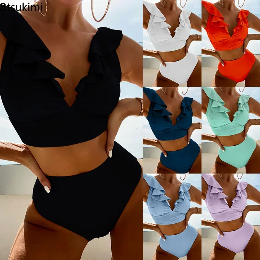 2026 Women's Sexy High Waist Swimsuit Ruffle Bikinis Push Up Bikinis Set Summer Beach Wear Bathing Suit Female Solid Swimwear