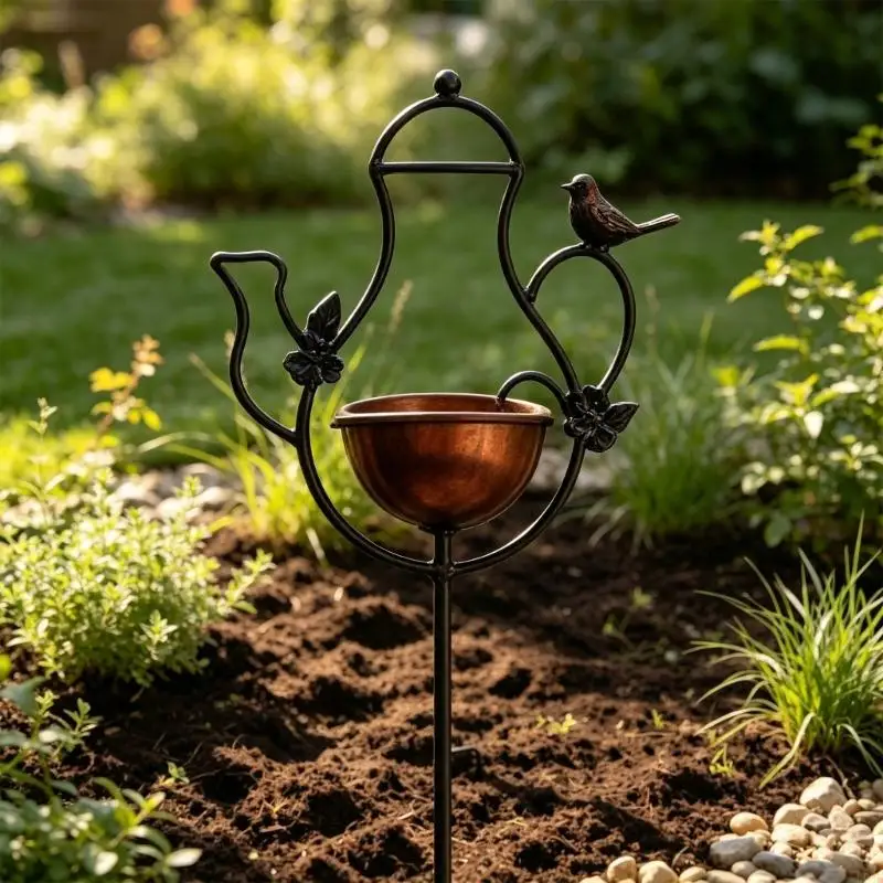 Metal Garden Bird Feeder Stake Watering Can Yard Accent, Iron Ground Insert Outdoor Display for Flower Spots and Lawn B03E