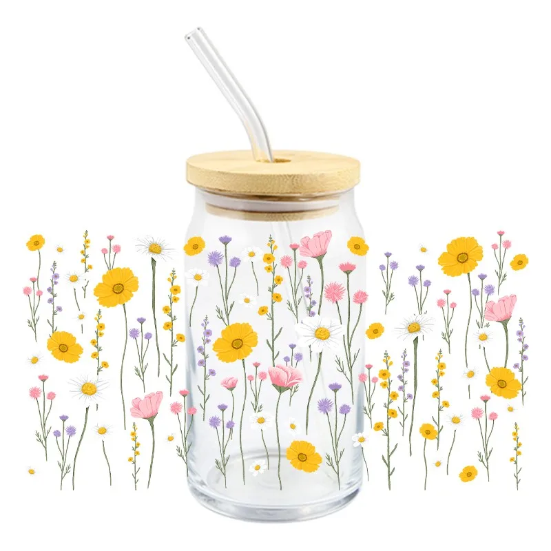 3D Flower Theme UV DTF 16oz Wraos Cup Waterproof Durable Transfer Sticker Hot Sale Cartoon Design Sticker DIY