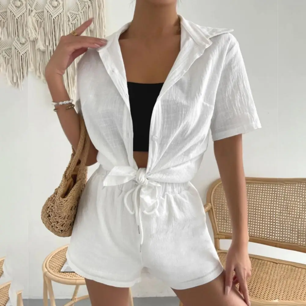 Short Sleeve Shirt Shorts Set Women's Casual Shirt Shorts Set with Elastic Drawstring Waist Lapel Collar Wide Leg for Summer