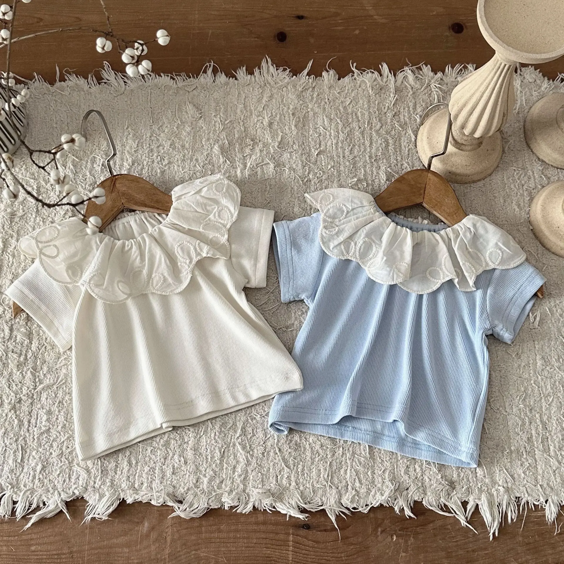 

2024 Summer New Baby Girl Lace Collar Short Sleeve T Shirts Cotton Infant Toddler Ribbed Bottoming Shirt Sweet Princess Tops