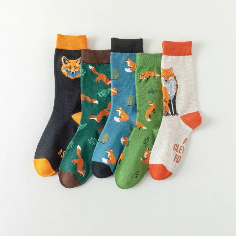 Cute Women's Socks Cartoon Animal Fox Series Kawaii Fun Fashion Casual Four Seasons Men's and Women's Anti Friction Middle Socks