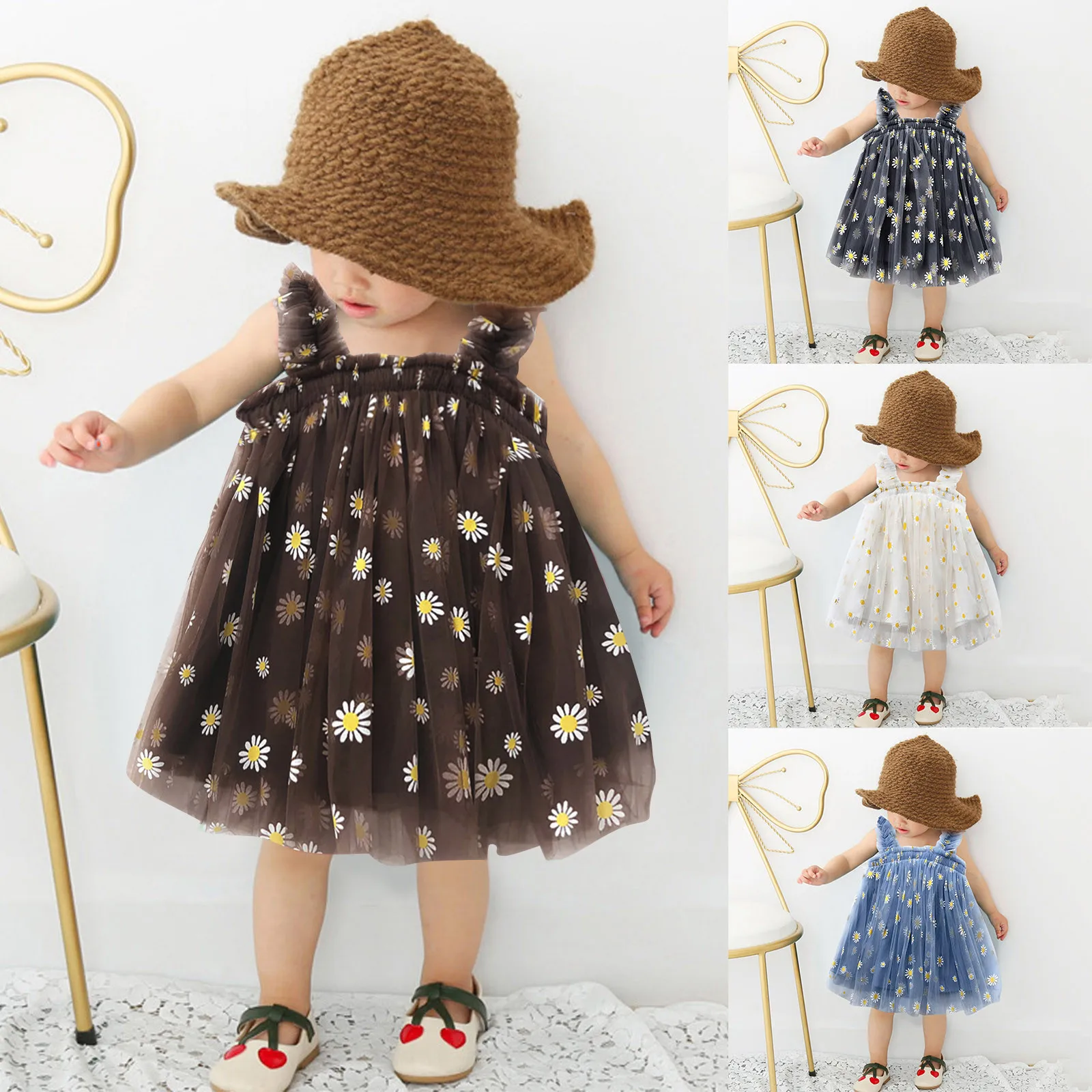 6M-5Y Summer Toddler Kid Baby Girls Tulle Dress Daisy Dresses For Girls Party Beach Holiday Clothes Fashion Hot New Summer 2024