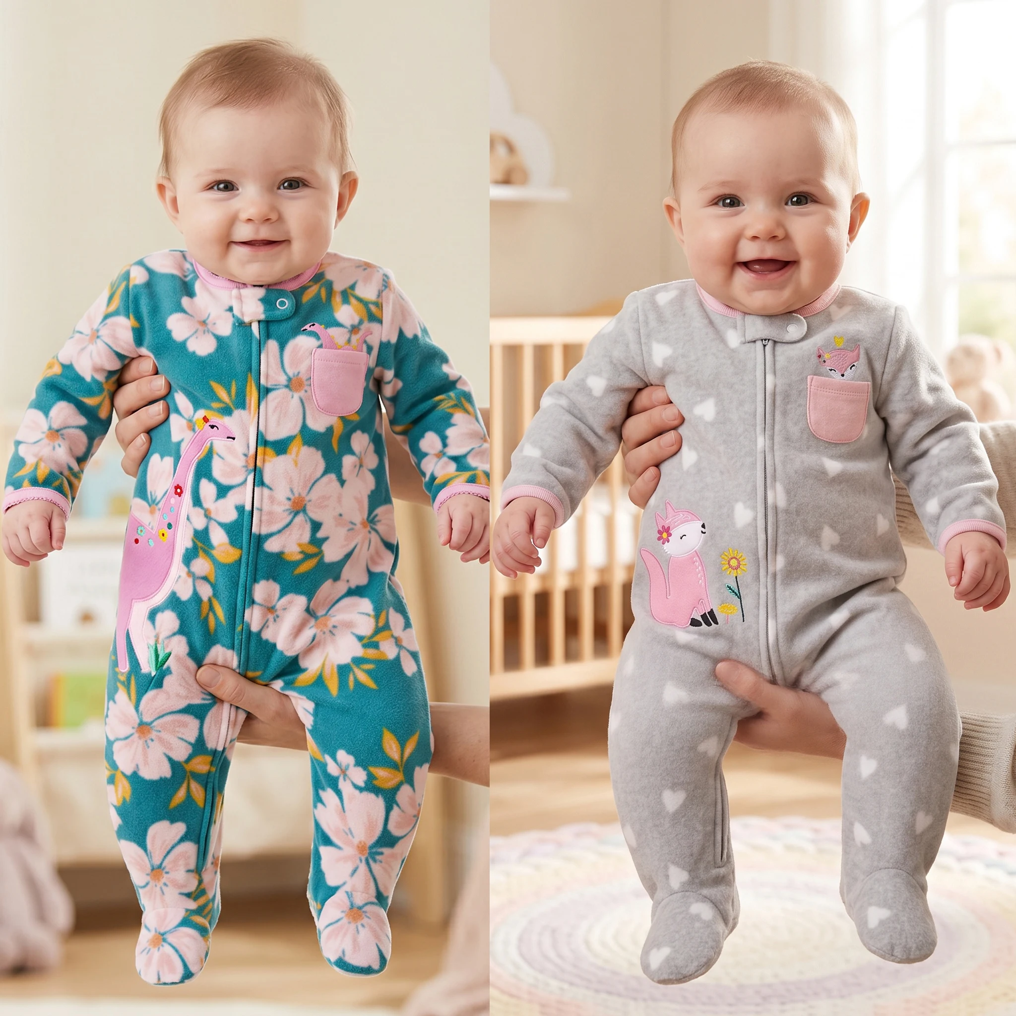 Infant Girls Heart Floral Print Polar Fleece Footed Romper Cartoon Embroidery Small Pocket Zip Onesie Warm Fall Winter Baby Wear