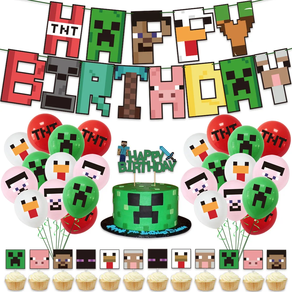 Minecraft Cartoon Anime Theme Disposable Party Supplies Children's Birthday Banners Cake Toppers Balloons Party Decoration Sets