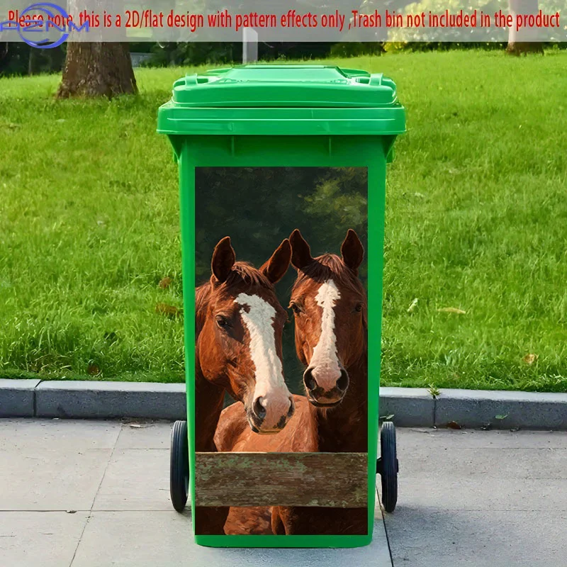 2D Flat Printing] 1pc 2D Pattern Printed Kitchen Trash Can Sticker XCm Two Horses Leaning on Railing Theme Kitchen Home Decora