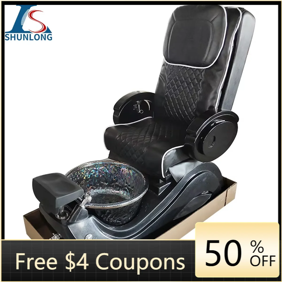 Black Diamond Quilted PU Pedicure Spa Chair, Electric Reclining Foot Massage Chair with Iridescent Crystal Glass Foot Basin & Cu