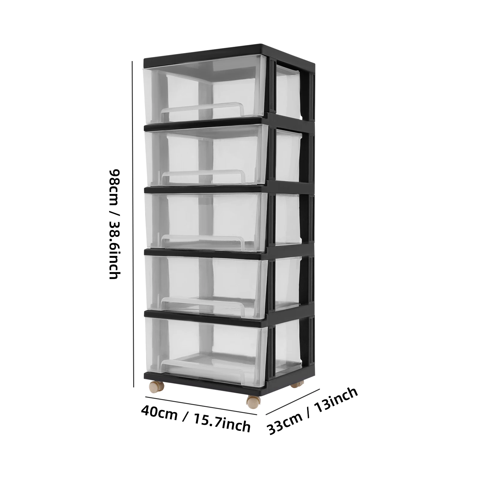 NEUE Kunststoff-Aufbewahrungseinheit mit 5 Schubladen auf Rollen - Höhe 98 cm - Ideal für Bücher, Dokumente und mehr, Schwarz