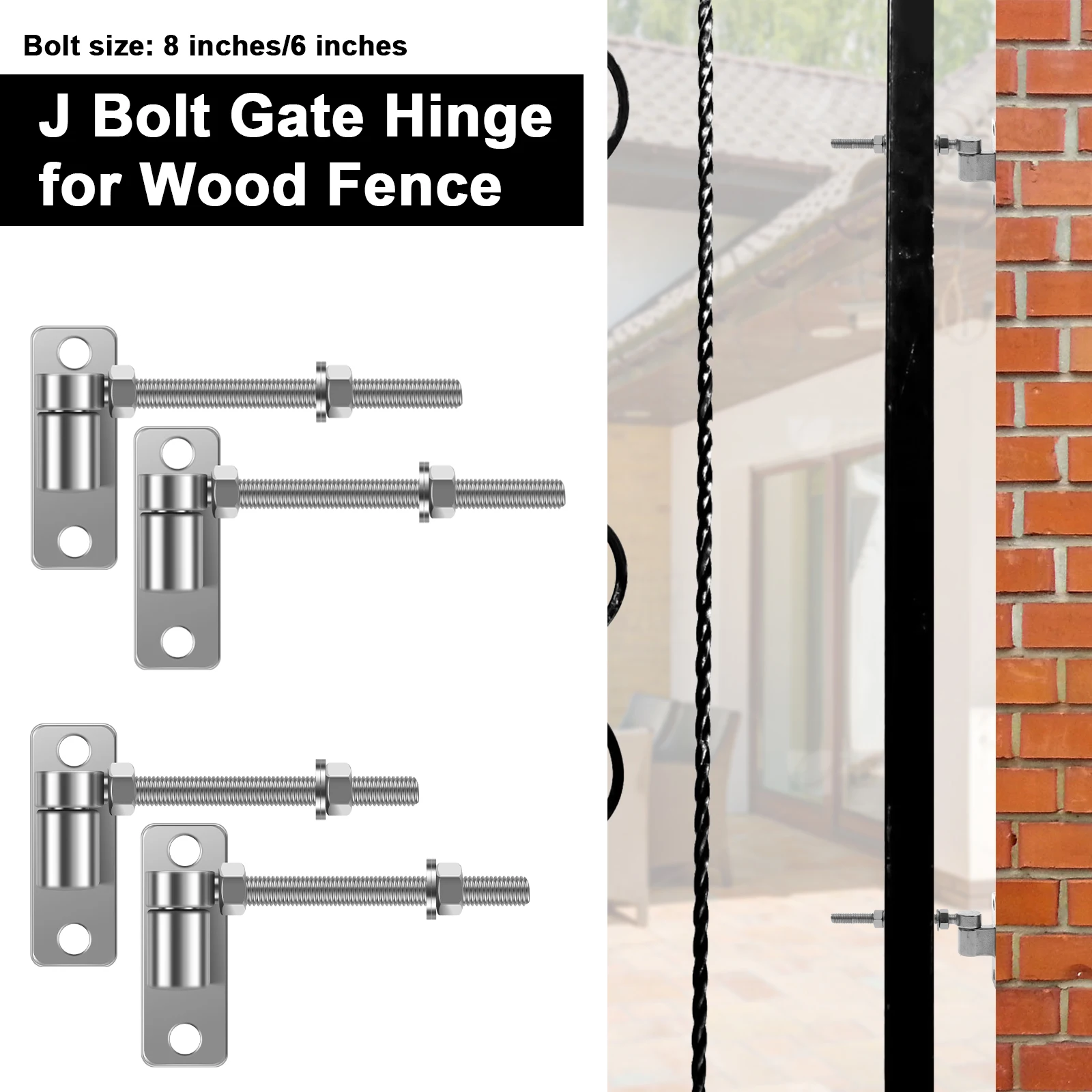 2PCS/Set Steel J-Bolt Hinge Doors Gates Multipurpose J Bolt Post Hinge Easy Installation for Farm Gates Door Wall 6 inch 8 inch