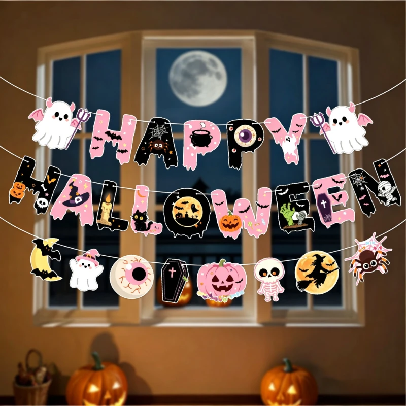 Happy Halloween Banner Pumpkin Paper Garland Trick Ghost Bat Spider Witch Banner Hanging Pendants Bat Decoration Supplies Home