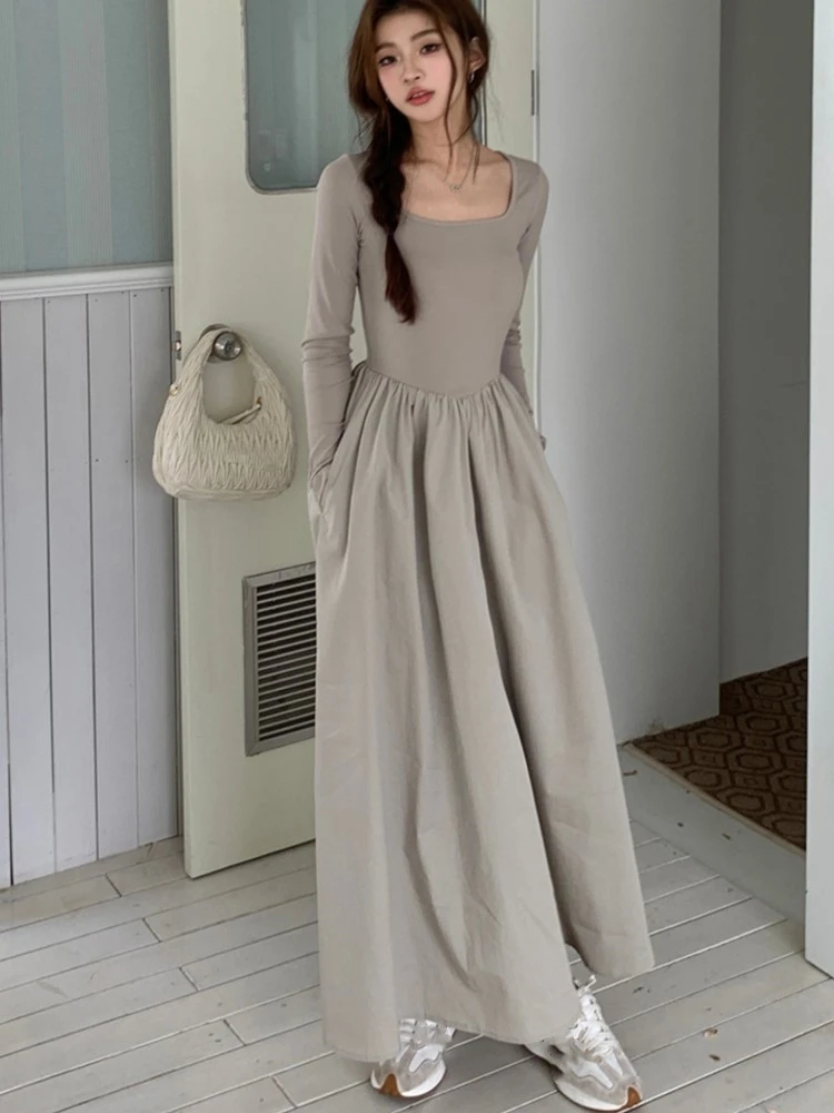 

Casual Knitted Midi Dresses for Women Solid Long Sleeves Square Collar A-line Autumn New Elegant Dress Female Slim Vestidos