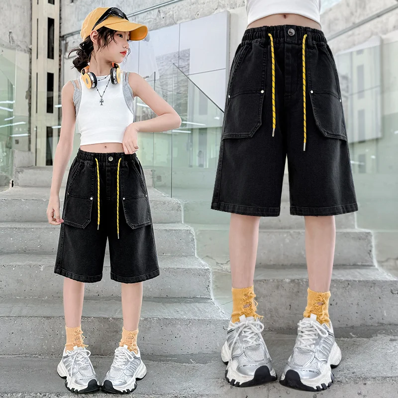 

Kids New Design Black Denim Cargo Shorts with Pocket for Teenage Girls Summer Casual Knee-Length Drawstring Jeans Pants Age 5-14