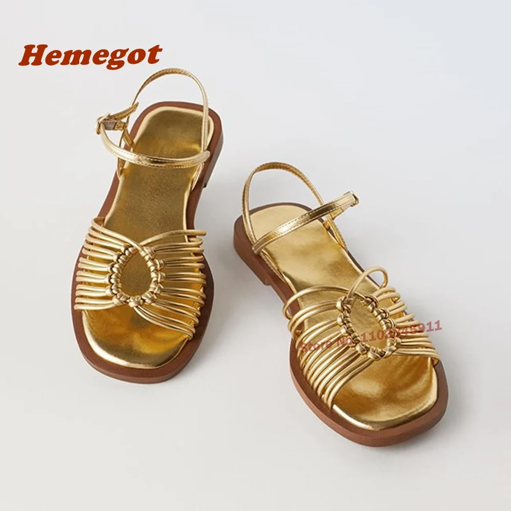 

Open Toe Ankle Strap Buckle Women's Sandals Gold Weaven Roman Sandals Slingback Flat Low Heels Metallic Summer Newest Shoes 2024