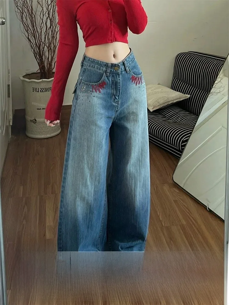 

Женские джинсы прямого кроя в стиле ретро с вышивкой и эффектом потертости, осенне-зимние, с высокой талией, широкие штанины, повседневные, модные