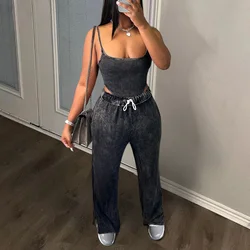 Casual Sweatsuits Simple Tank Top With Drawstring Wide Legs Women Two Piece Set Lounge Wear Sets Women