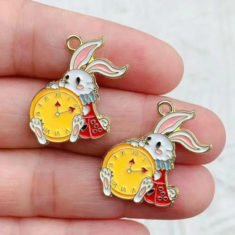 10pcs Enamel Alice Series Charms Girls Clock Rabbit Charms Pendants For Jewelry Earrings Necklace Alloy Accessories Golden Color