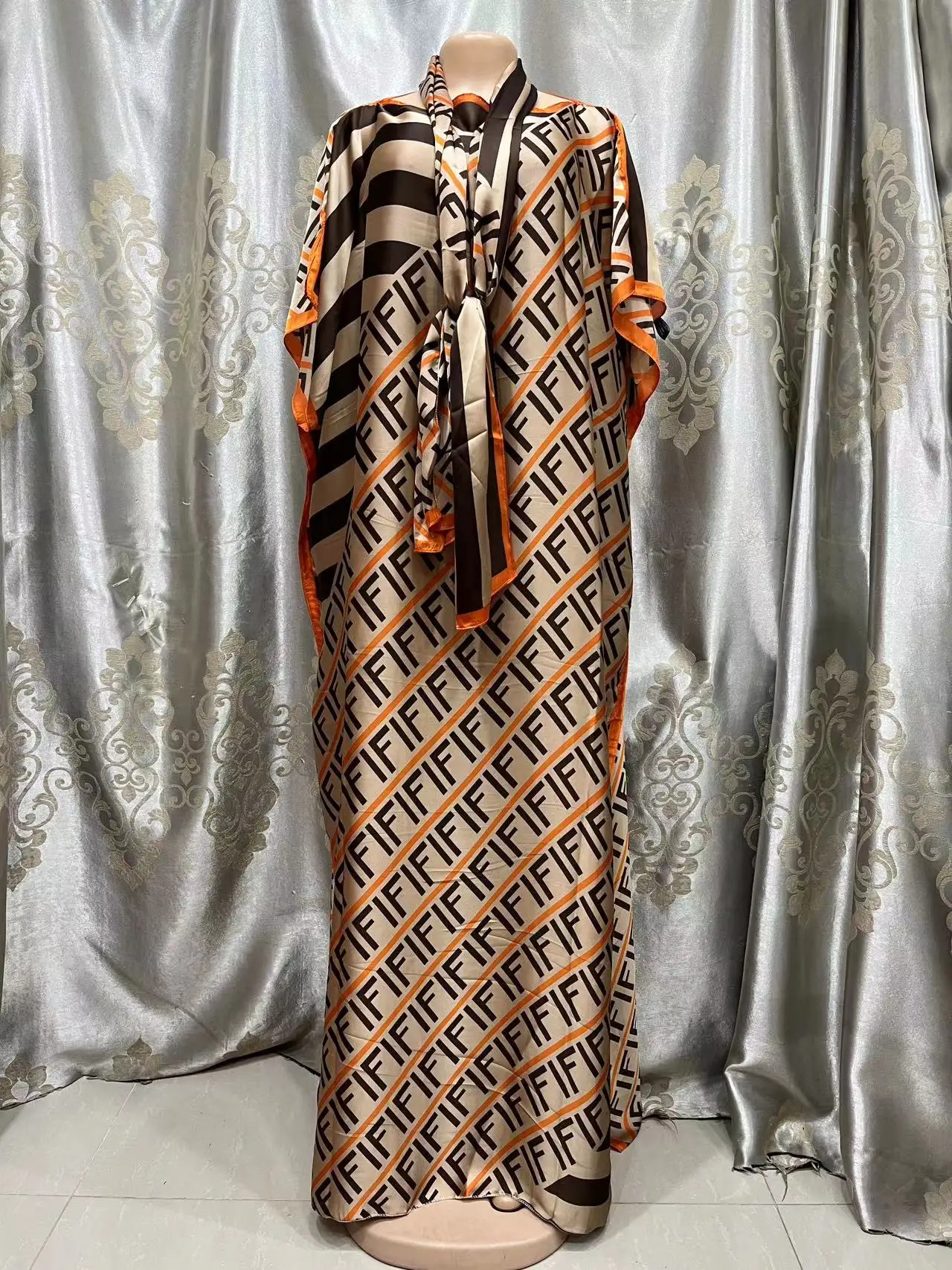 

2024 New Style Fashion Oversize African Women Clothing Dubai Dashiki Abaya Free Size Print Design With Scarf Loose Long Dress